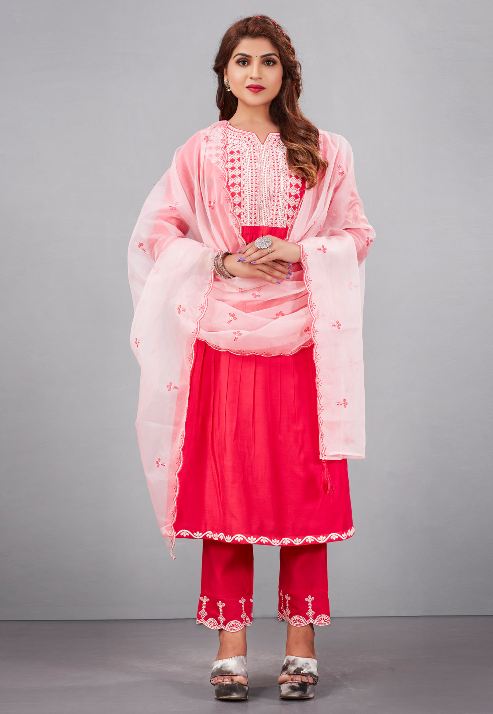 Magenta Muslin Readymade Pant Style Suit 281251