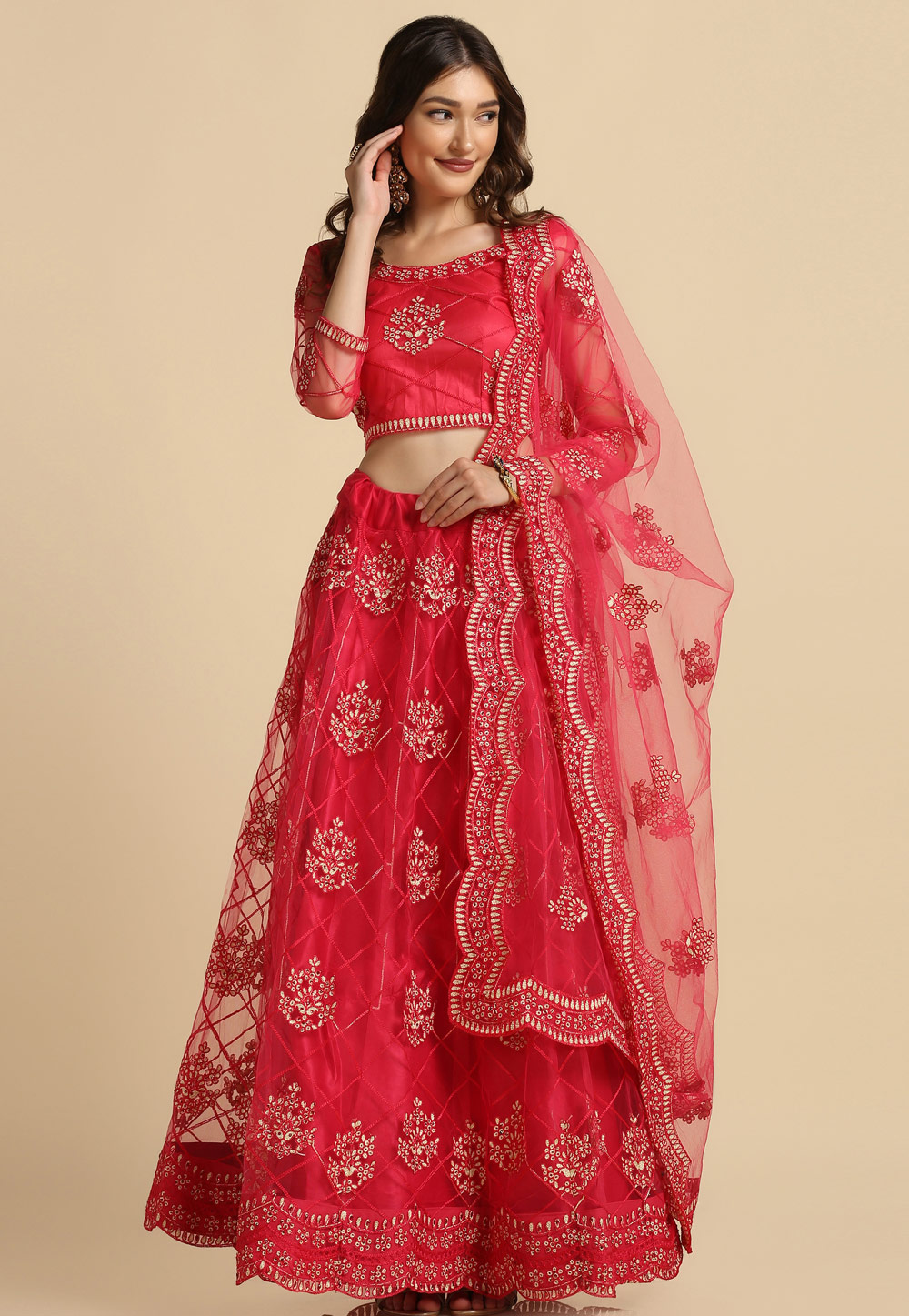 Magenta Net A Line Lehenga Choli 287439