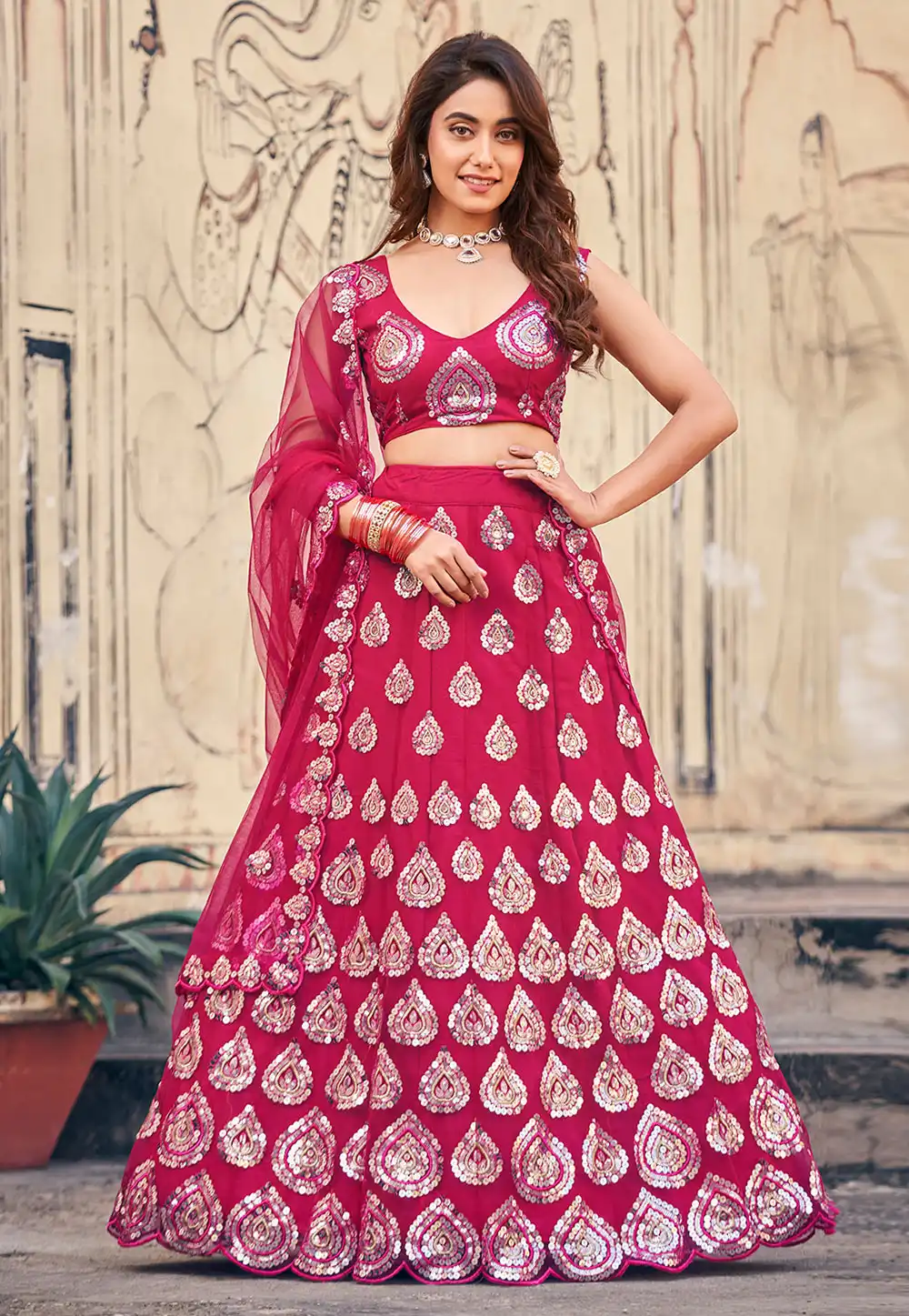 Magenta Net Circular Lehenga Choli 288127