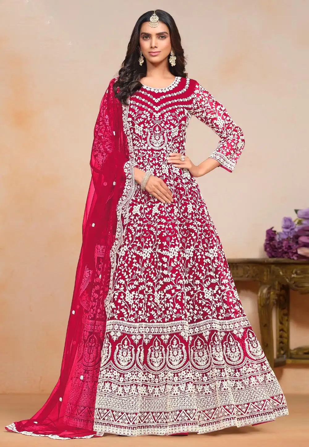 Magenta Net Embroidered Long Anarkali Suit 295085