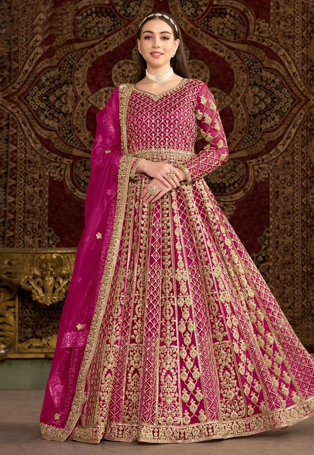 Magenta Net Embroidered Long Anarkali Suit 299152