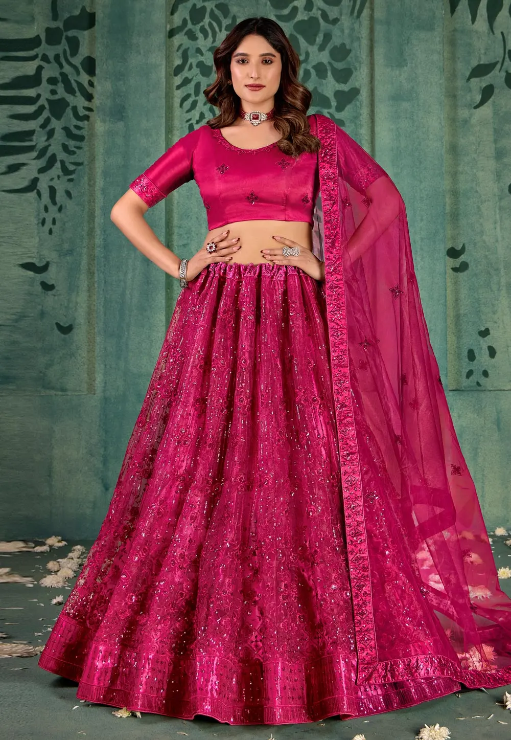 Magenta Net Lehenga Choli 302722