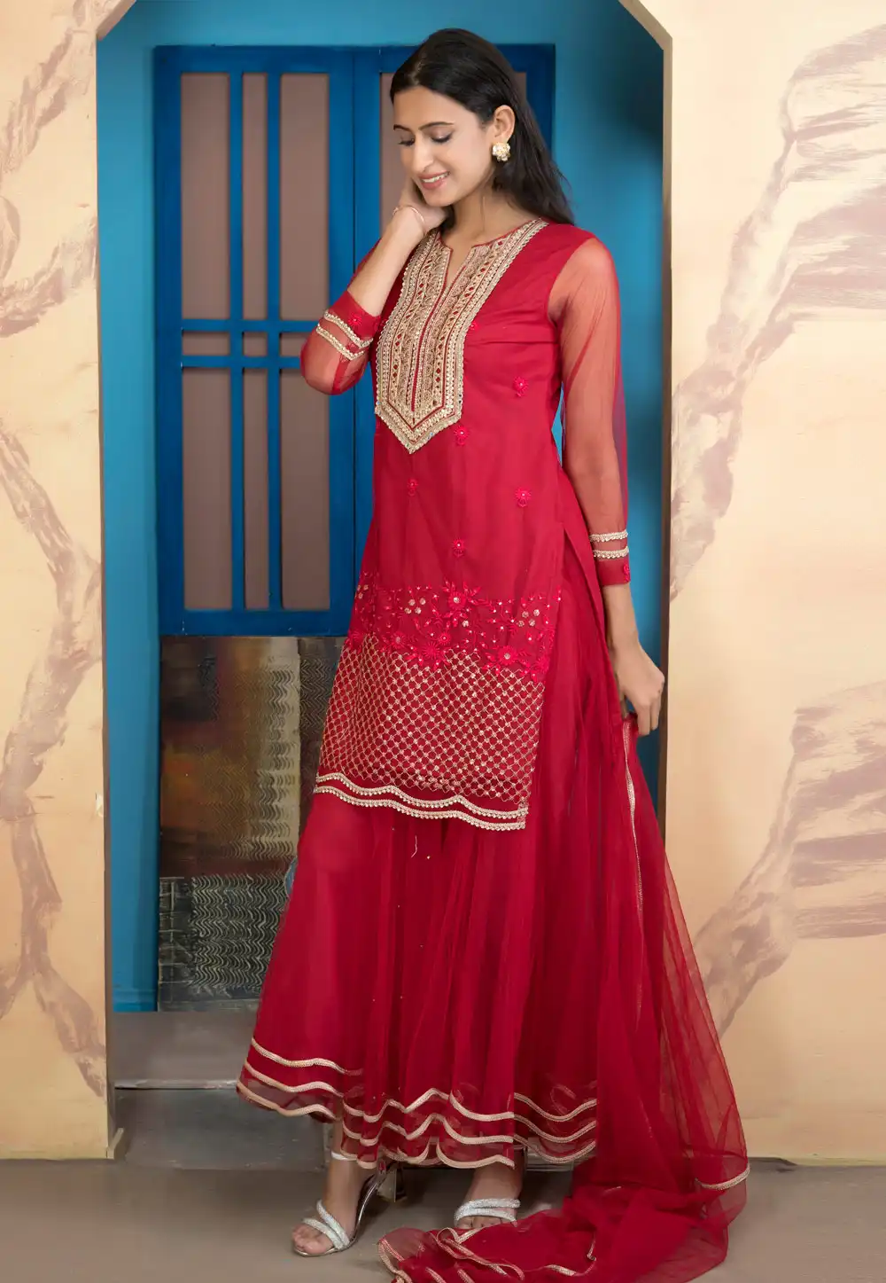 Magenta Net Readymade Sharara Suit 293106