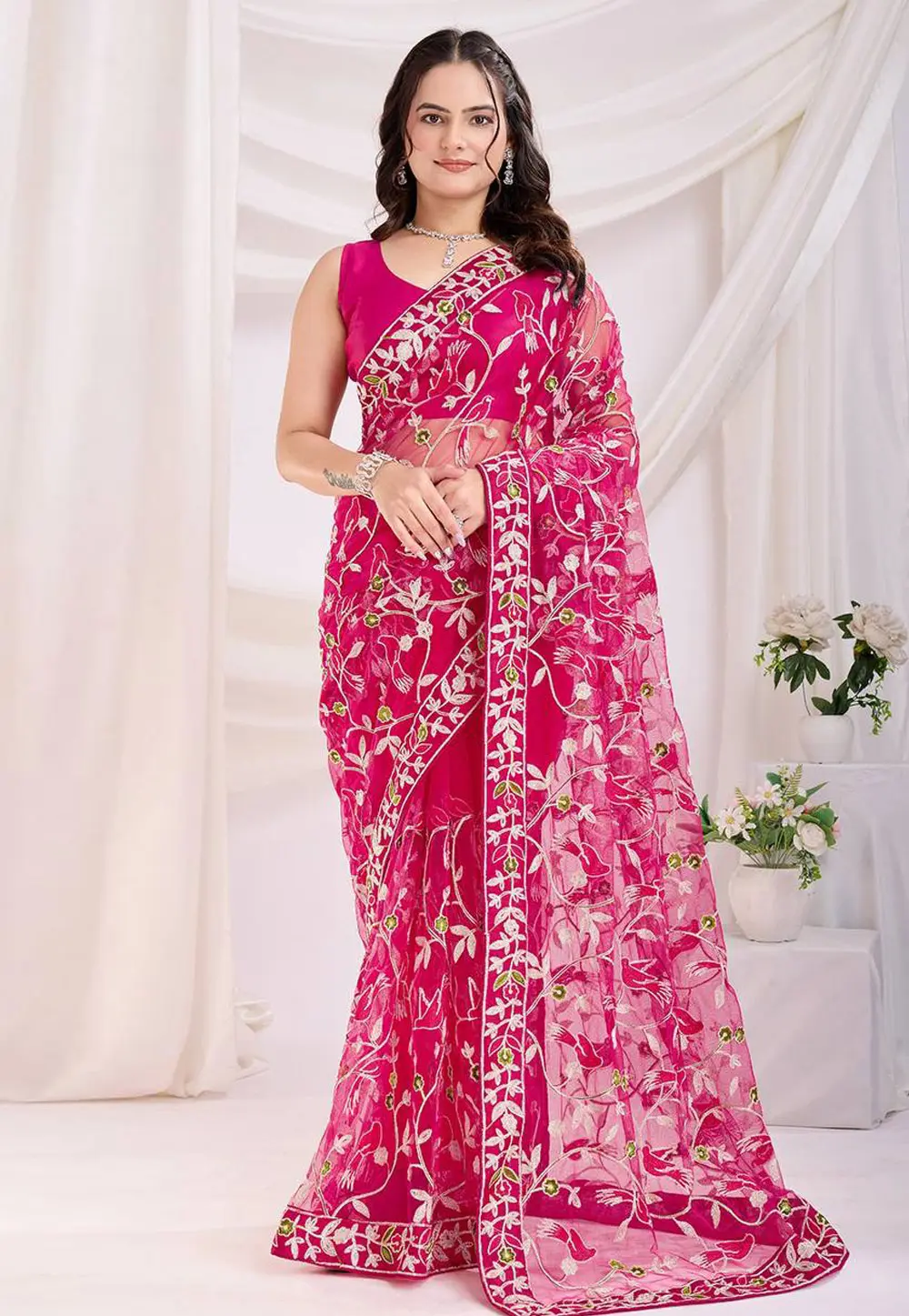 Magenta Net Saree With Blouse 303263