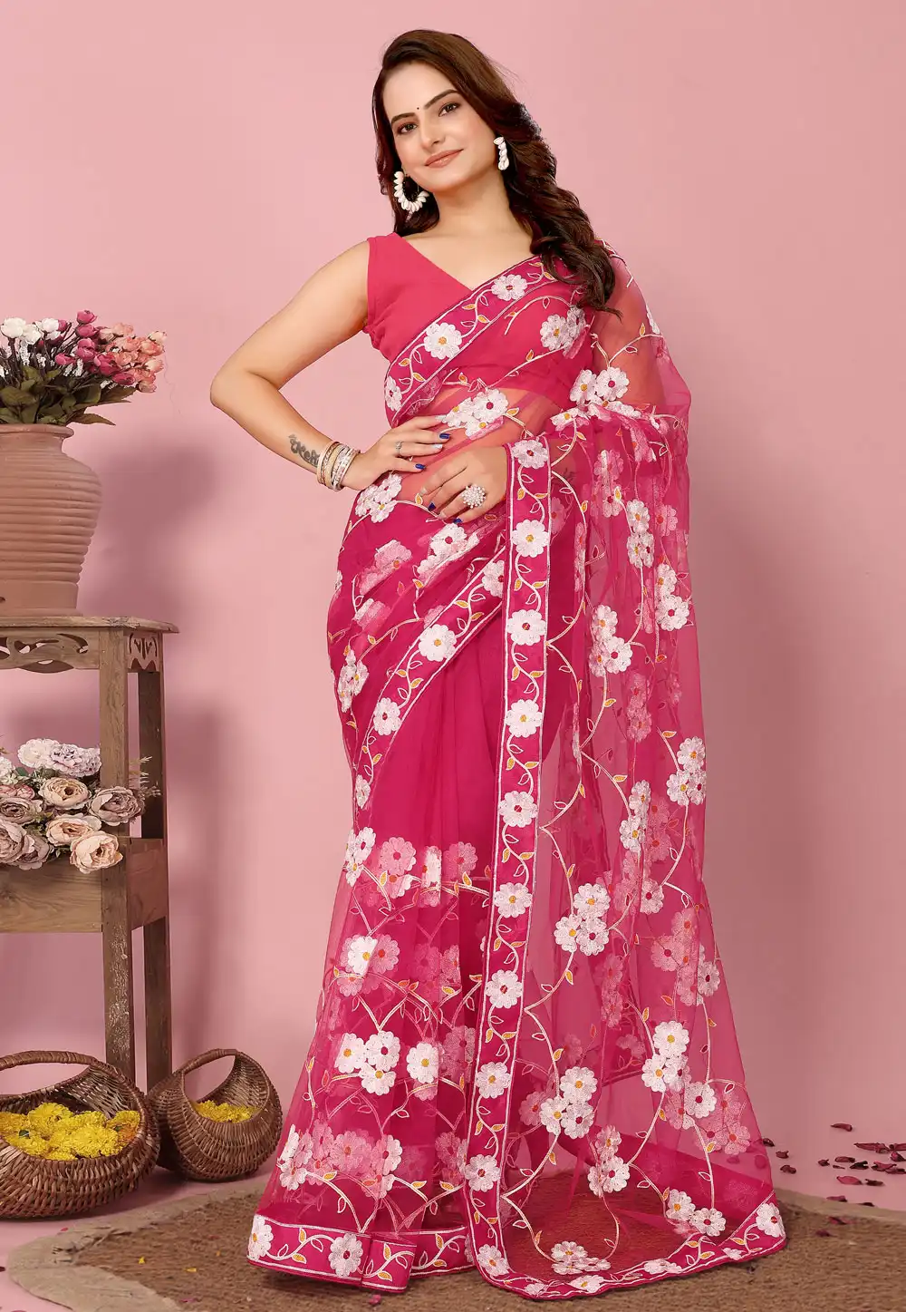 Magenta Net Saree With Blouse 289960