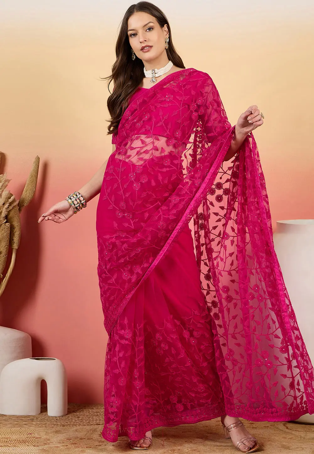 Magenta Net Saree With Blouse 304671