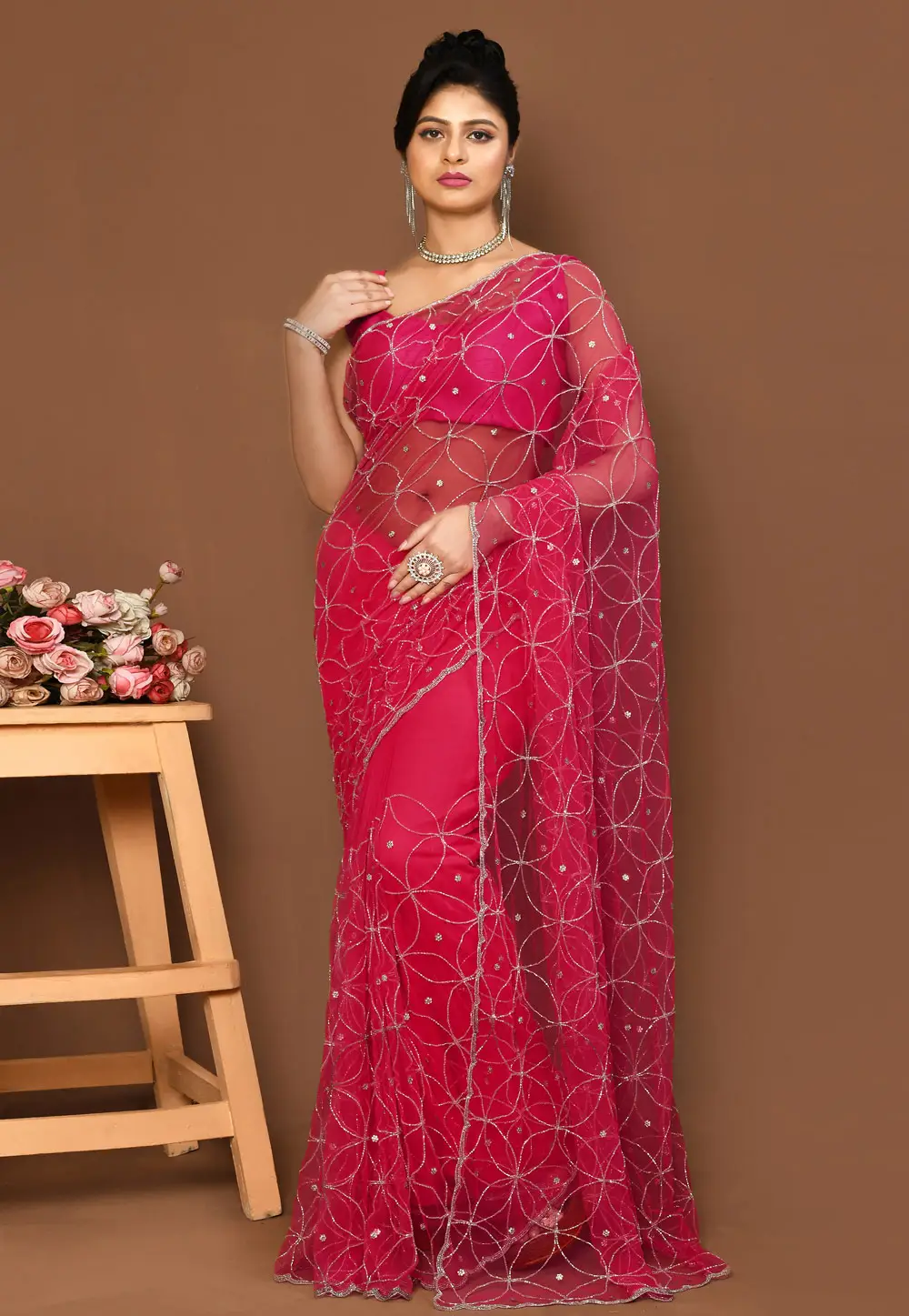 Magenta Net Saree With Blouse 295968