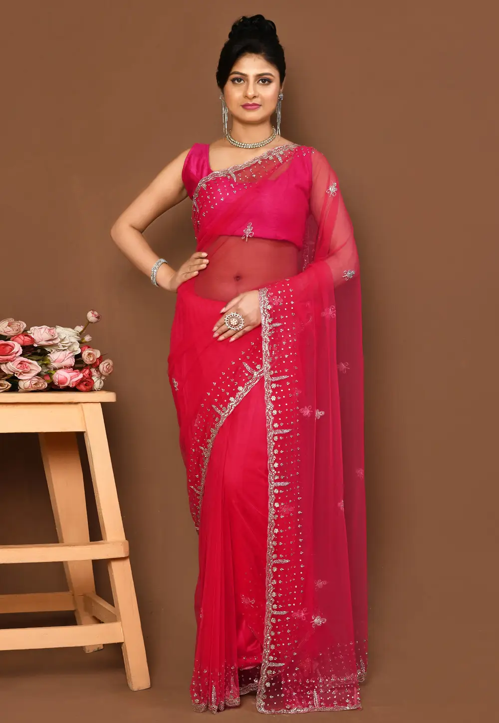 Magenta Net Saree With Blouse 295993