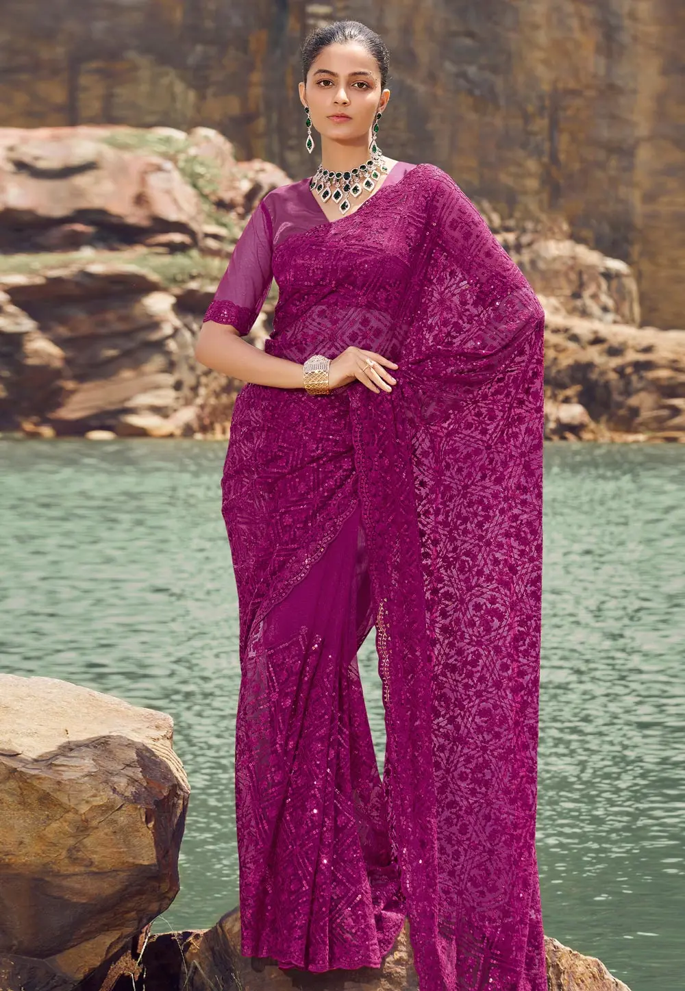 Magenta Net Sequence Saree 301936