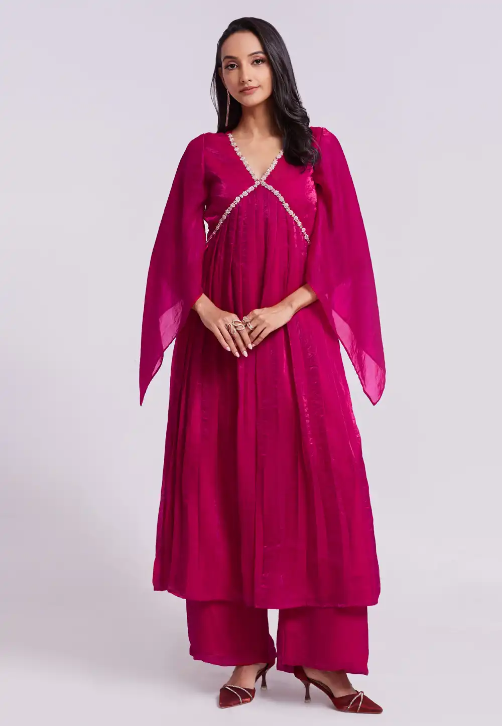 Magenta Organza Kurta Set With Palazzo 291178