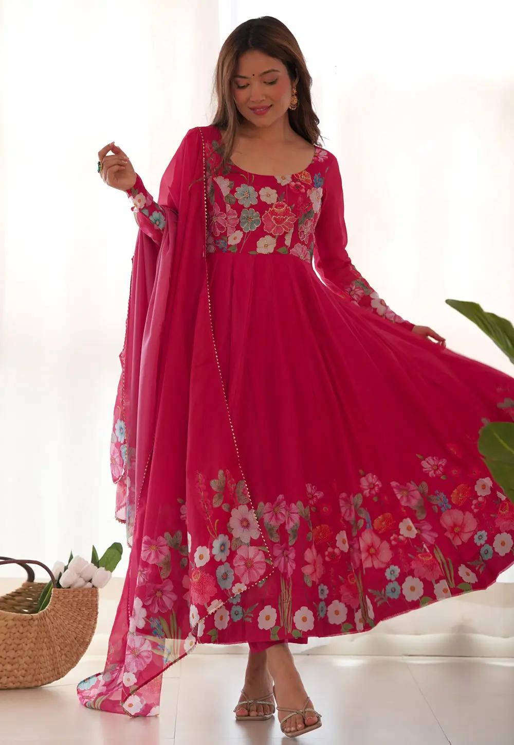 Magenta Organza Readymade Anarkali Suit 304181