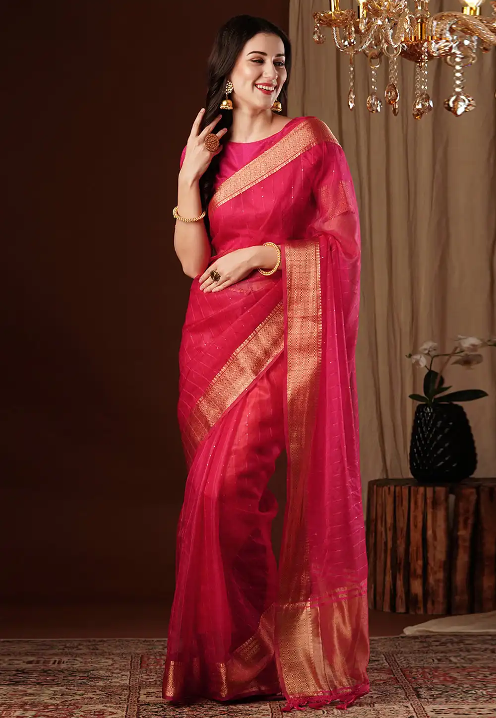 Magenta Organza Saree With Blouse 293499