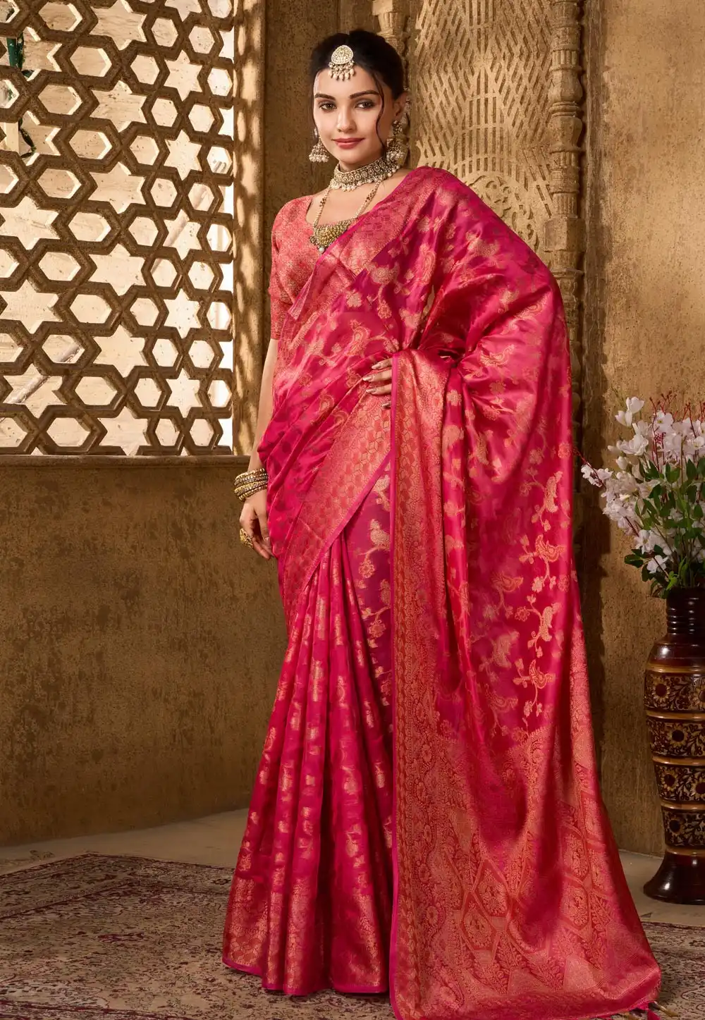 Magenta Organza Saree With Blouse 294798