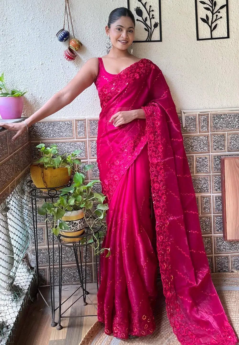 Magenta Organza Saree With Blouse 296070