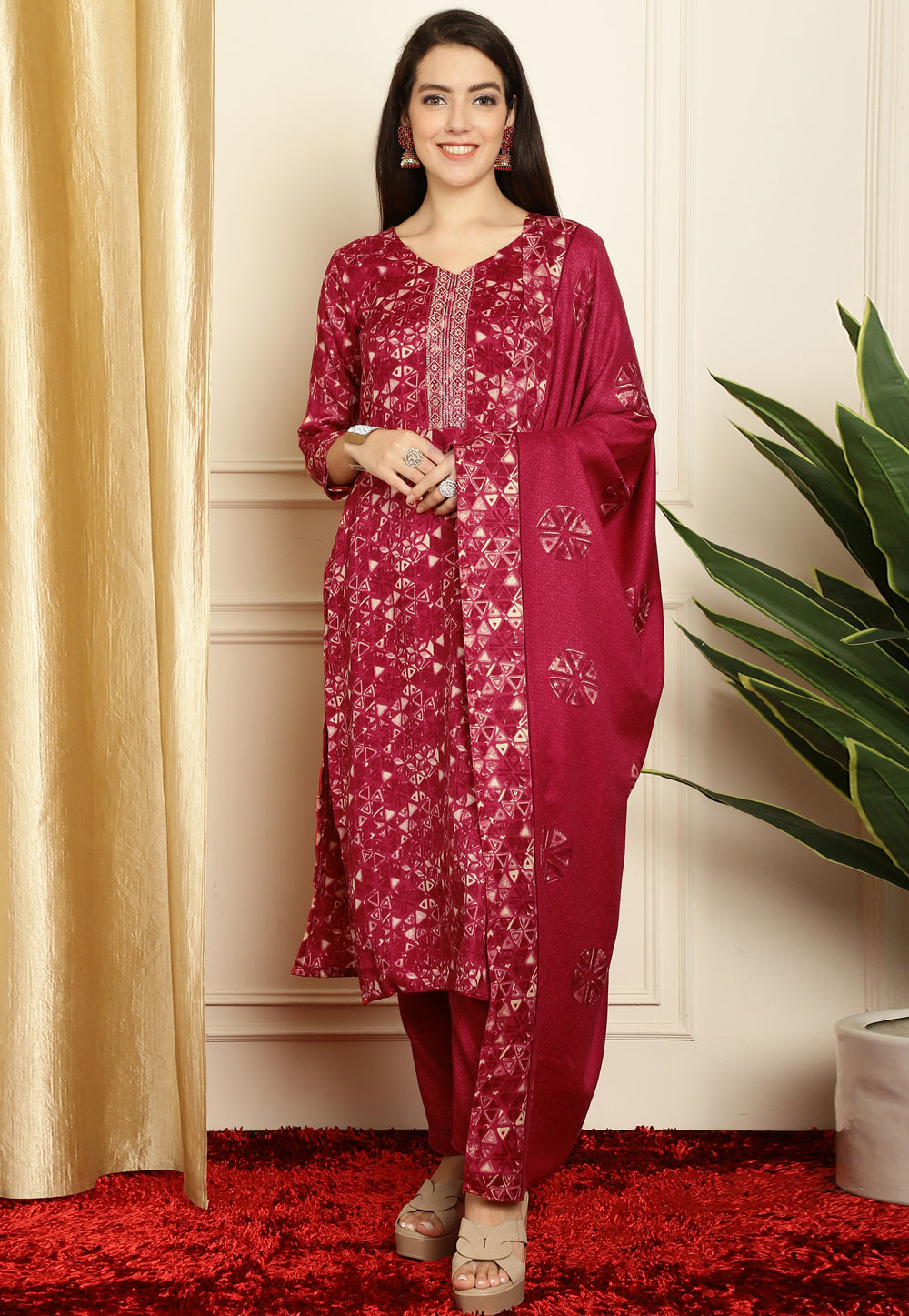Magenta Pashmina Pant Style Suit 311042