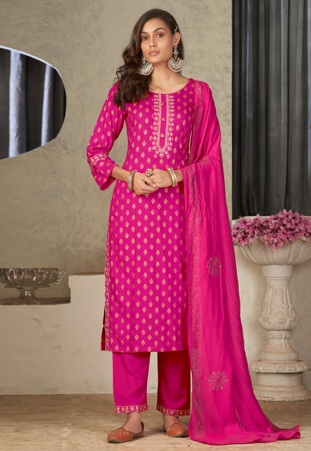 Magenta Rayon Readymade Pant Style Suit 280536