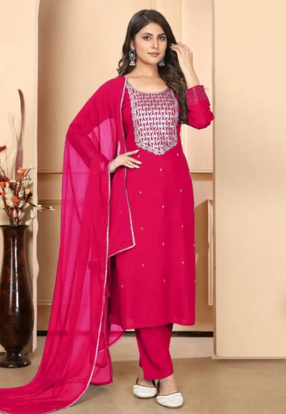 Magenta Rayon Readymade Pant Style Suit 291215