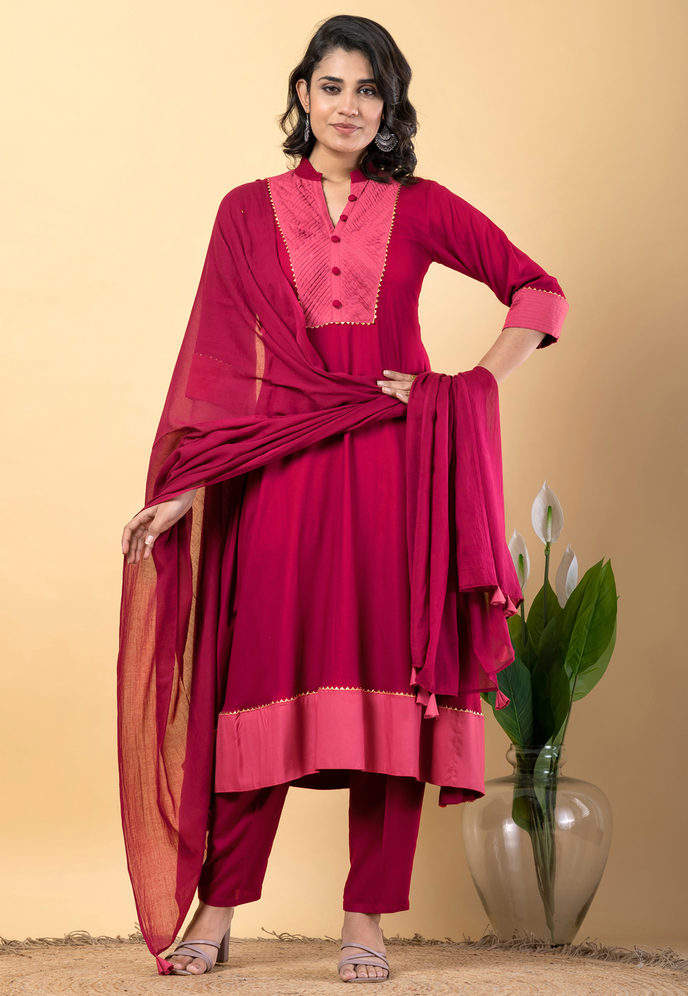 Magenta Rayon Readymade Pant Style Suit 306590