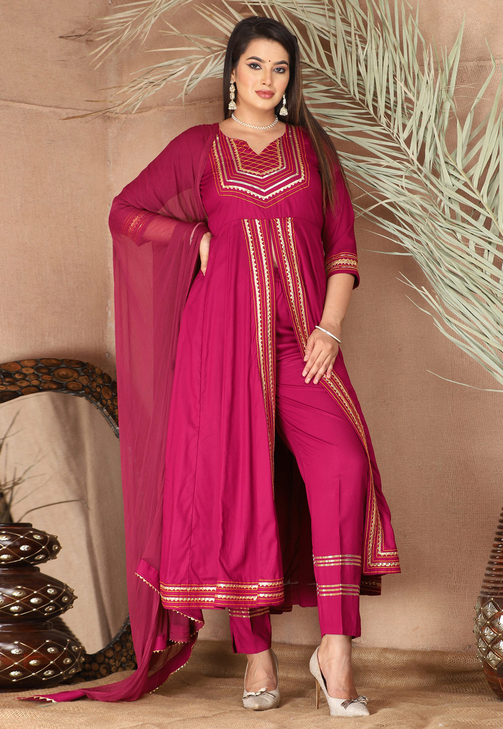 Magenta Rayon Readymade Pant Style Suit 309288
