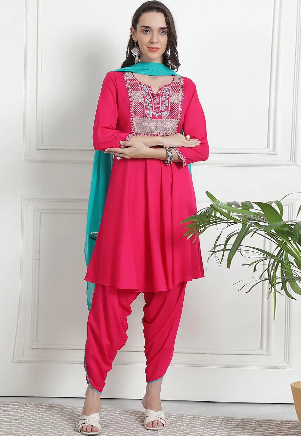 Magenta Rayon Readymade Punjabi Suit 303476