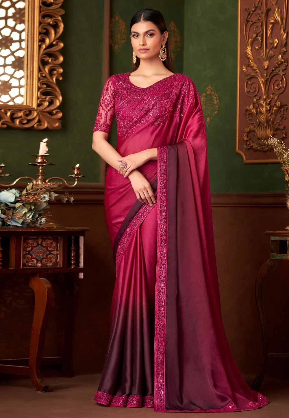 Magenta Satin Chiffon Half N Half Saree 301111