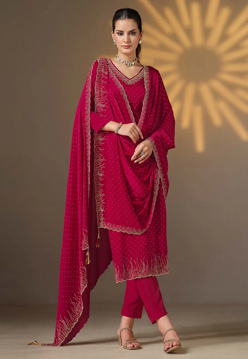 Magenta Satin Chiffon Pakistani Suit 297312