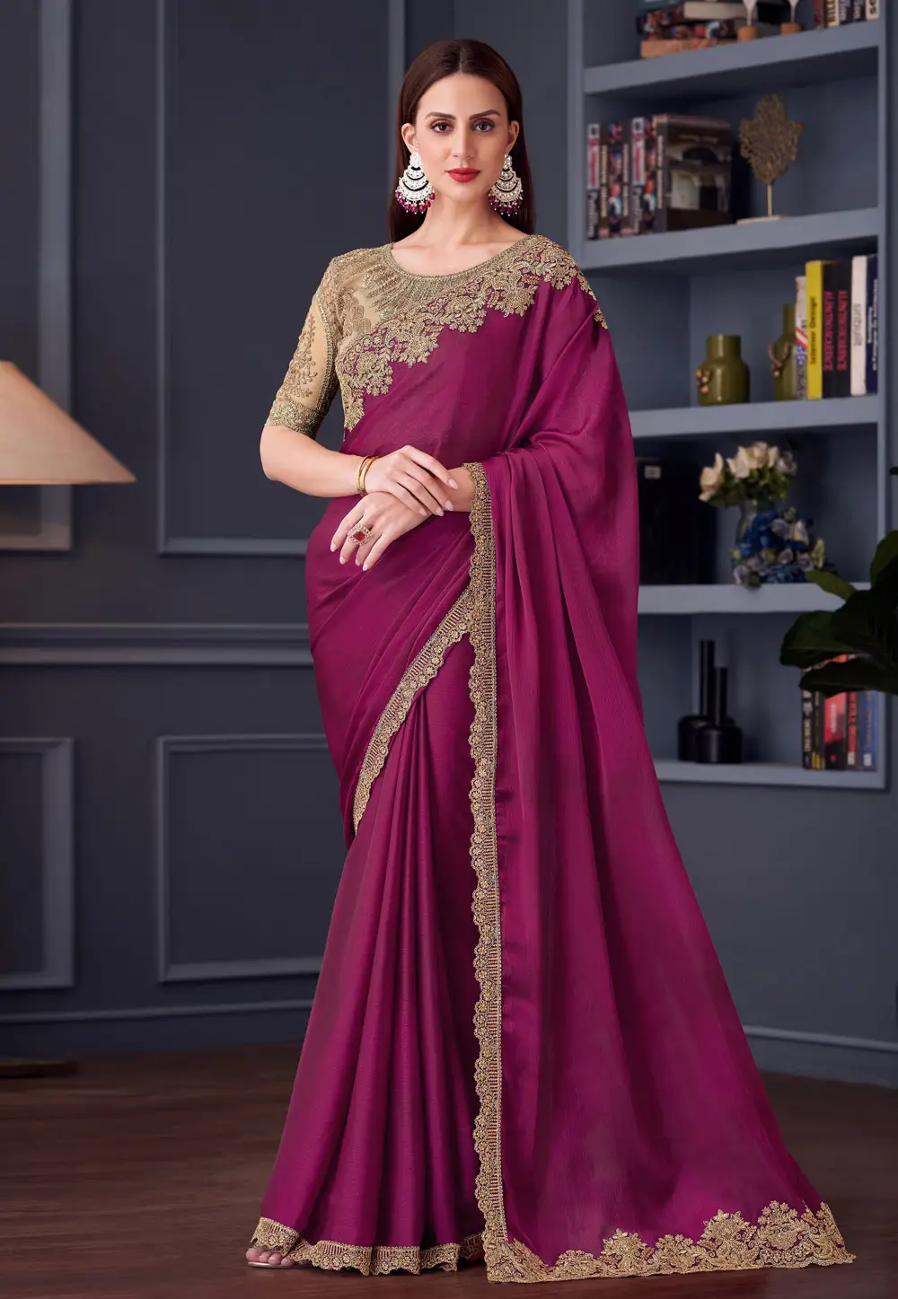 Magenta Satin Chiffon Saree With Blouse 296348