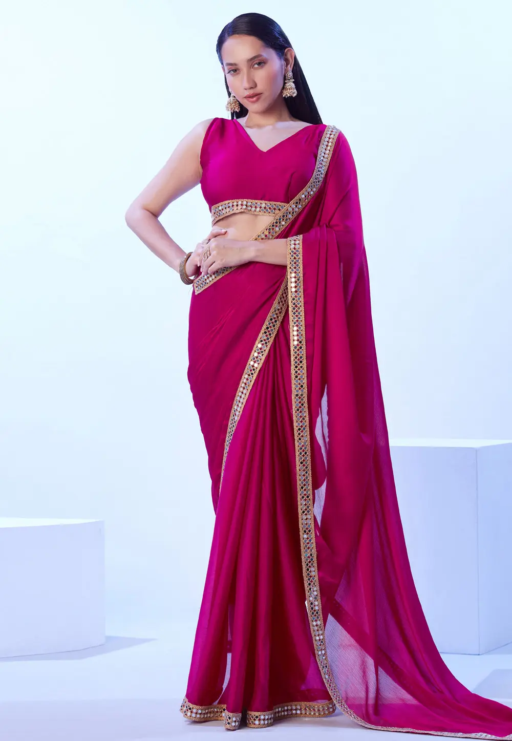 Magenta Satin Chiffon Saree With Blouse 302820