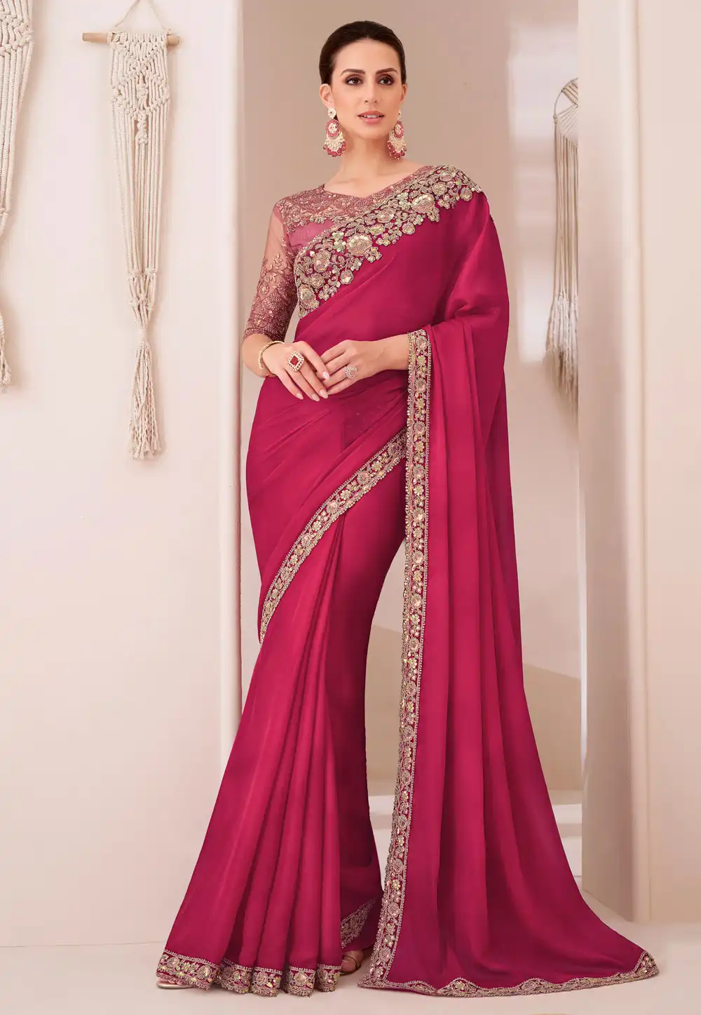 Magenta Satin Chiffon Saree With Blouse 292306