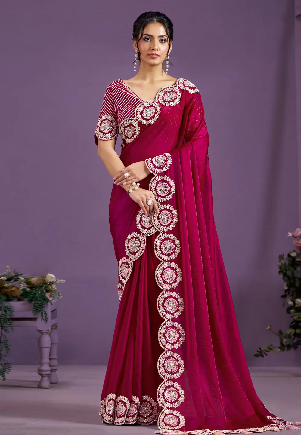 Magenta Satin Silk Saree With Blouse 298517