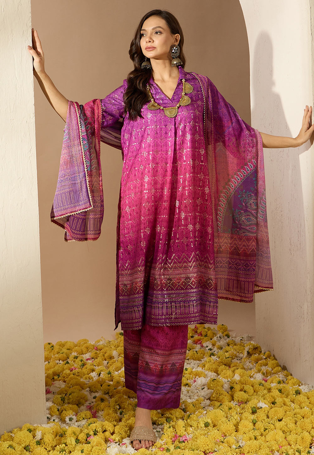 Magenta Shimmer Readymade Pakistani Suit 305248