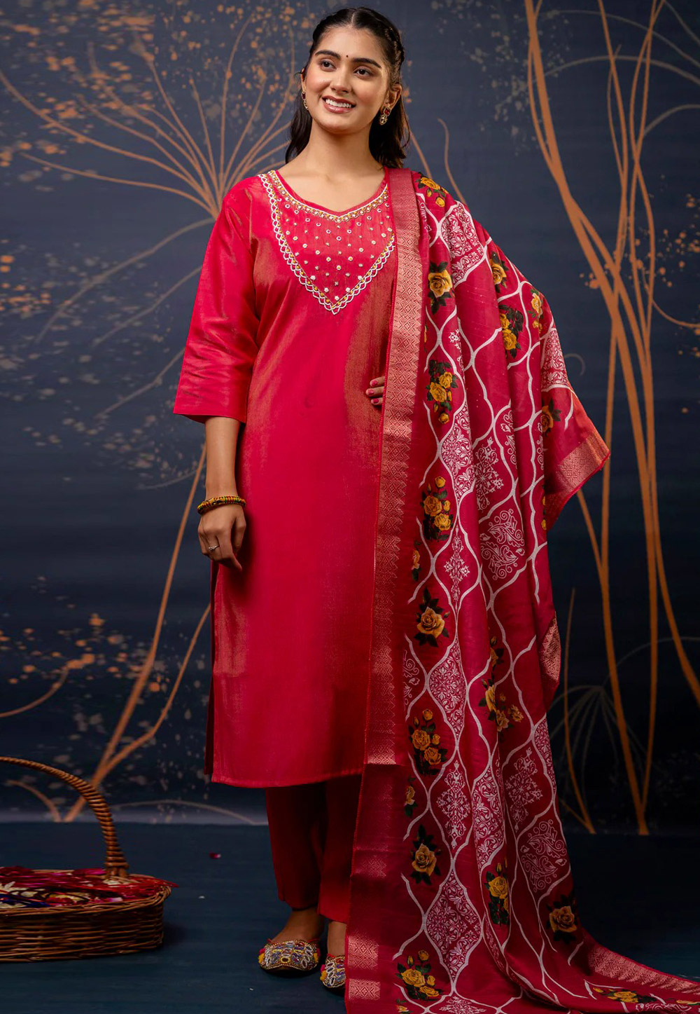 Magenta Shimmer Readymade Pant Style Suit 309180