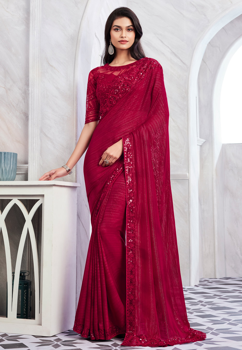 Magenta Shimmer Saree With Blouse 283846