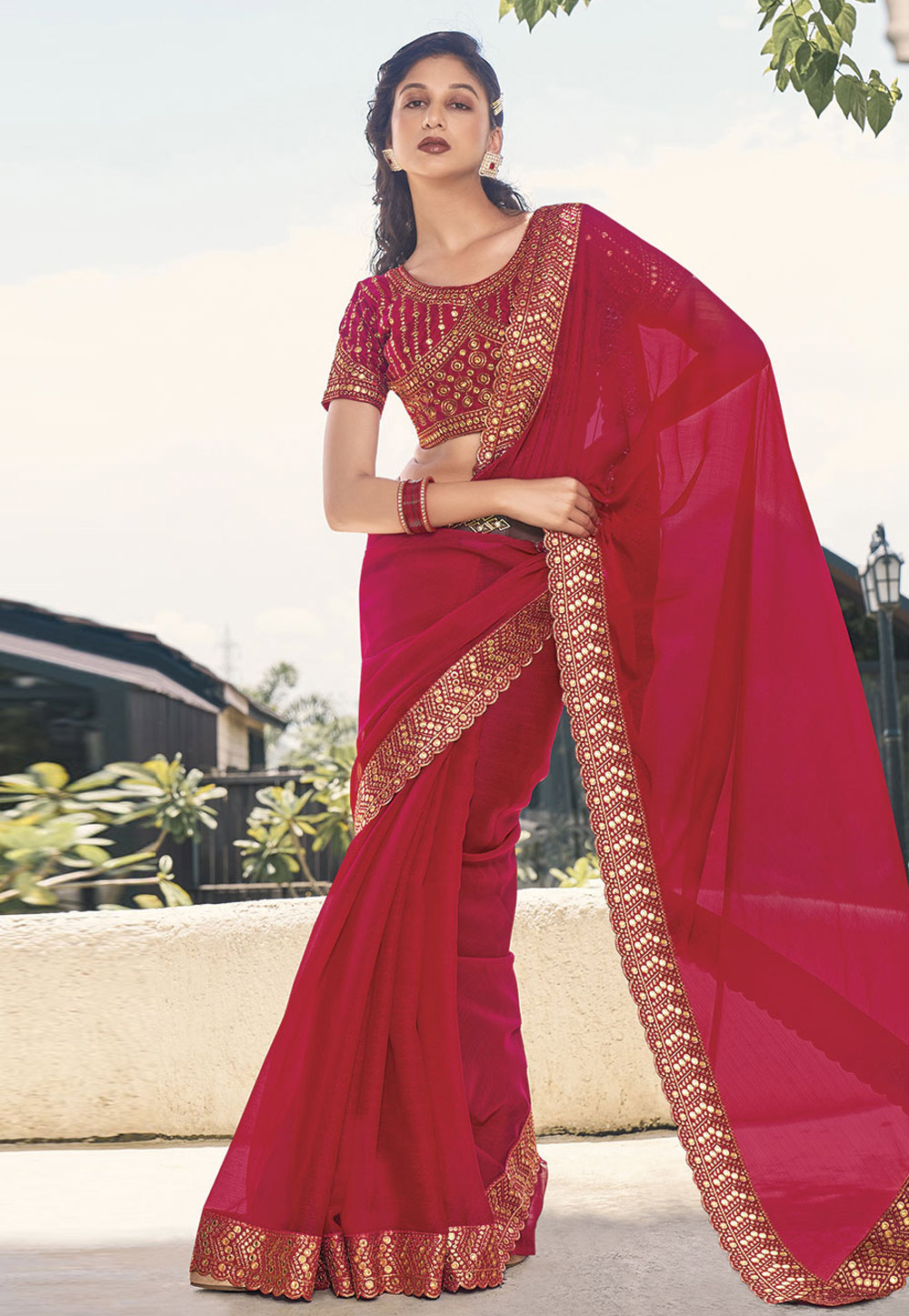 Magenta Shimmer Saree With Blouse 279835