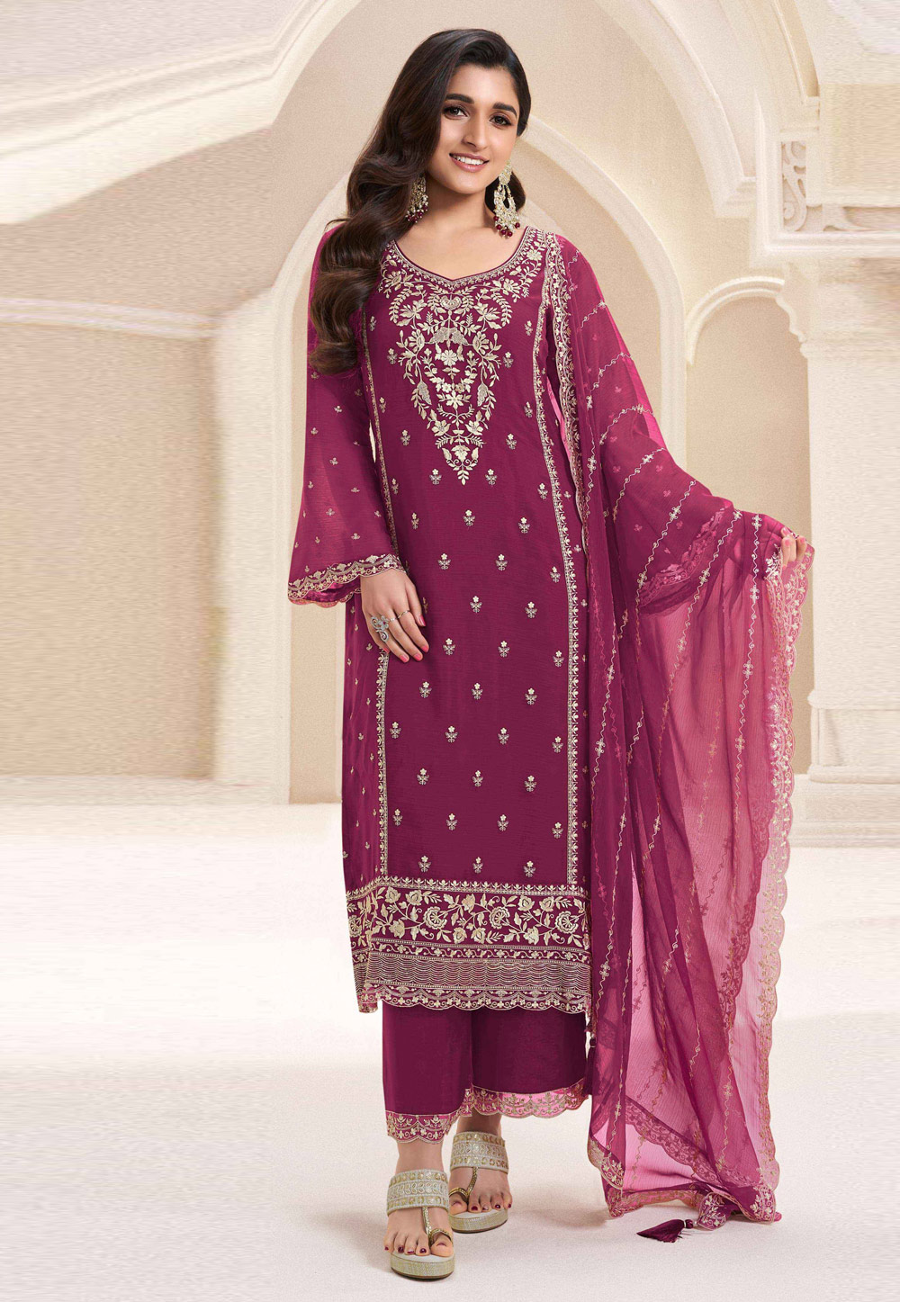 Magenta Silk Chiffon Straight Suit 306874