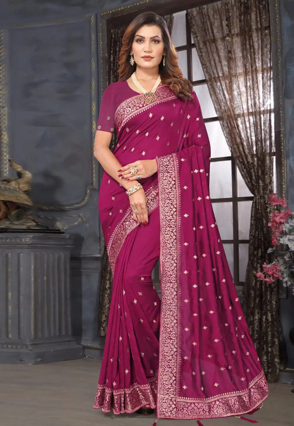 Magenta Silk Georgette Saree With Blouse 292016