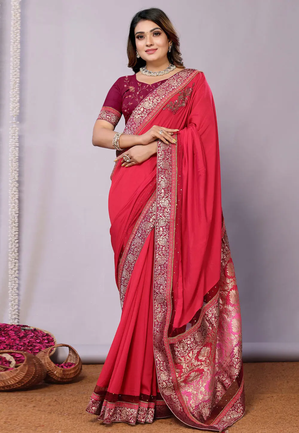 Magenta Silk Georgette Saree With Blouse 299505