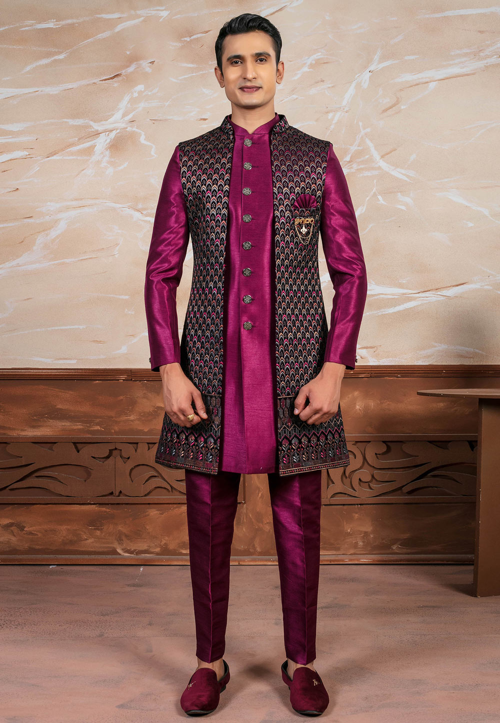 Magenta Silk Indo Western Suit 287138