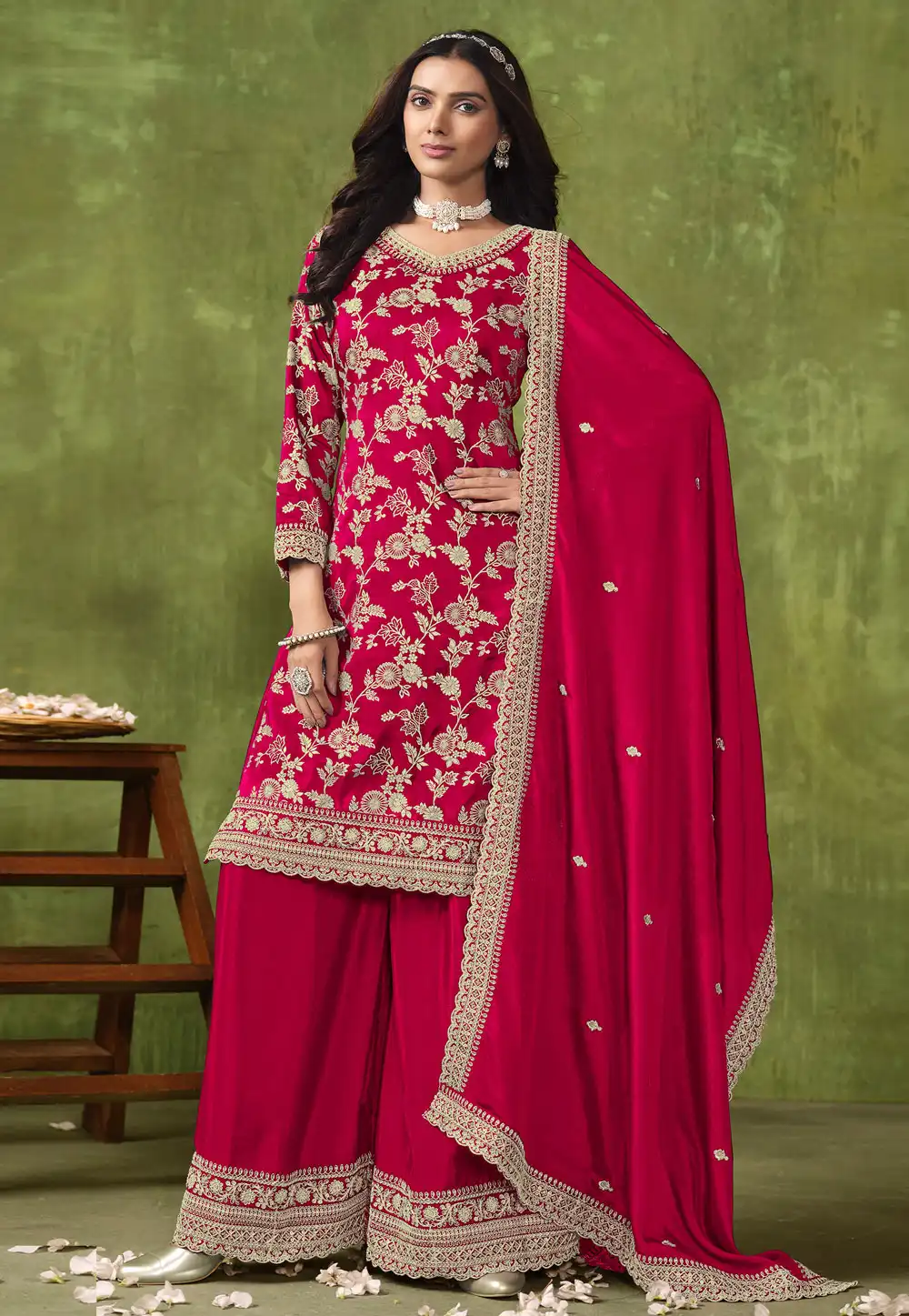 Magenta Silk Jacquard Pakistani Suit 291669