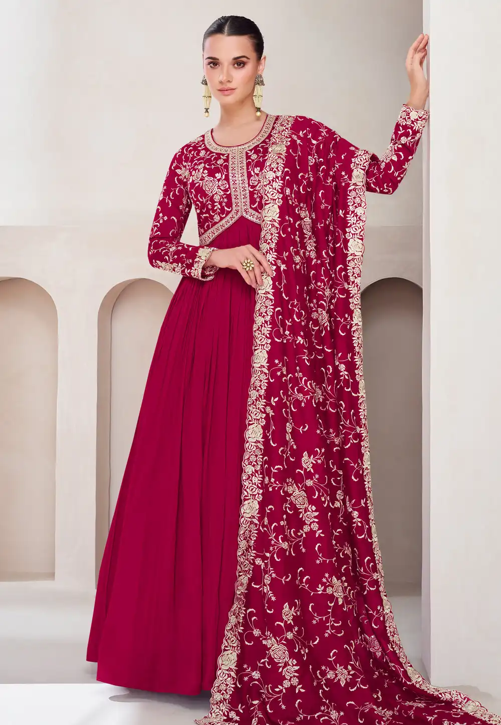 Magenta Silk Long Anarkali Suit 291233