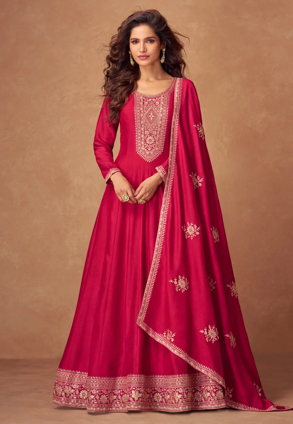 Magenta Silk Long Anarkali Suit 304647