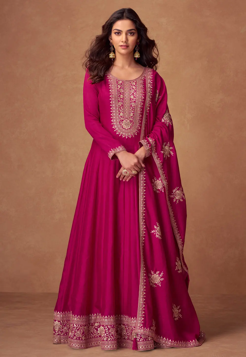 Magenta Silk Long Anarkali Suit 304649