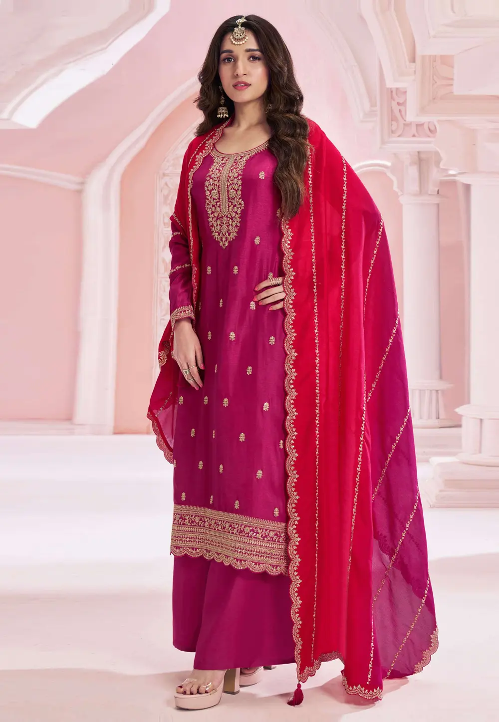 Magenta Silk Palazzo Suit 300392