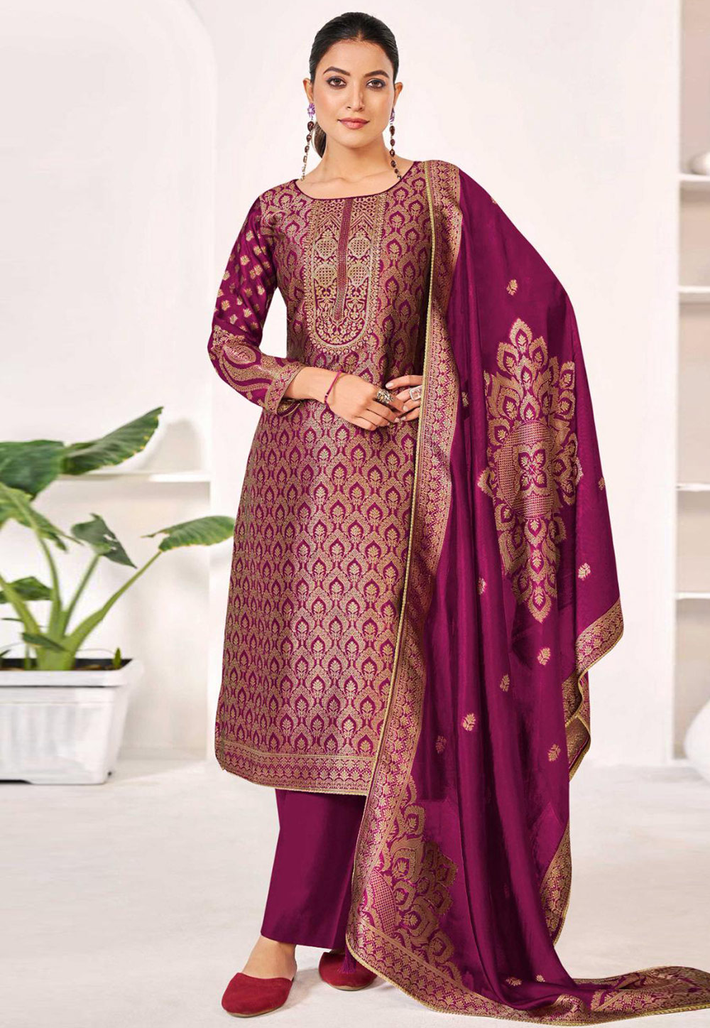 Magenta Silk Pant Style Suit 309524