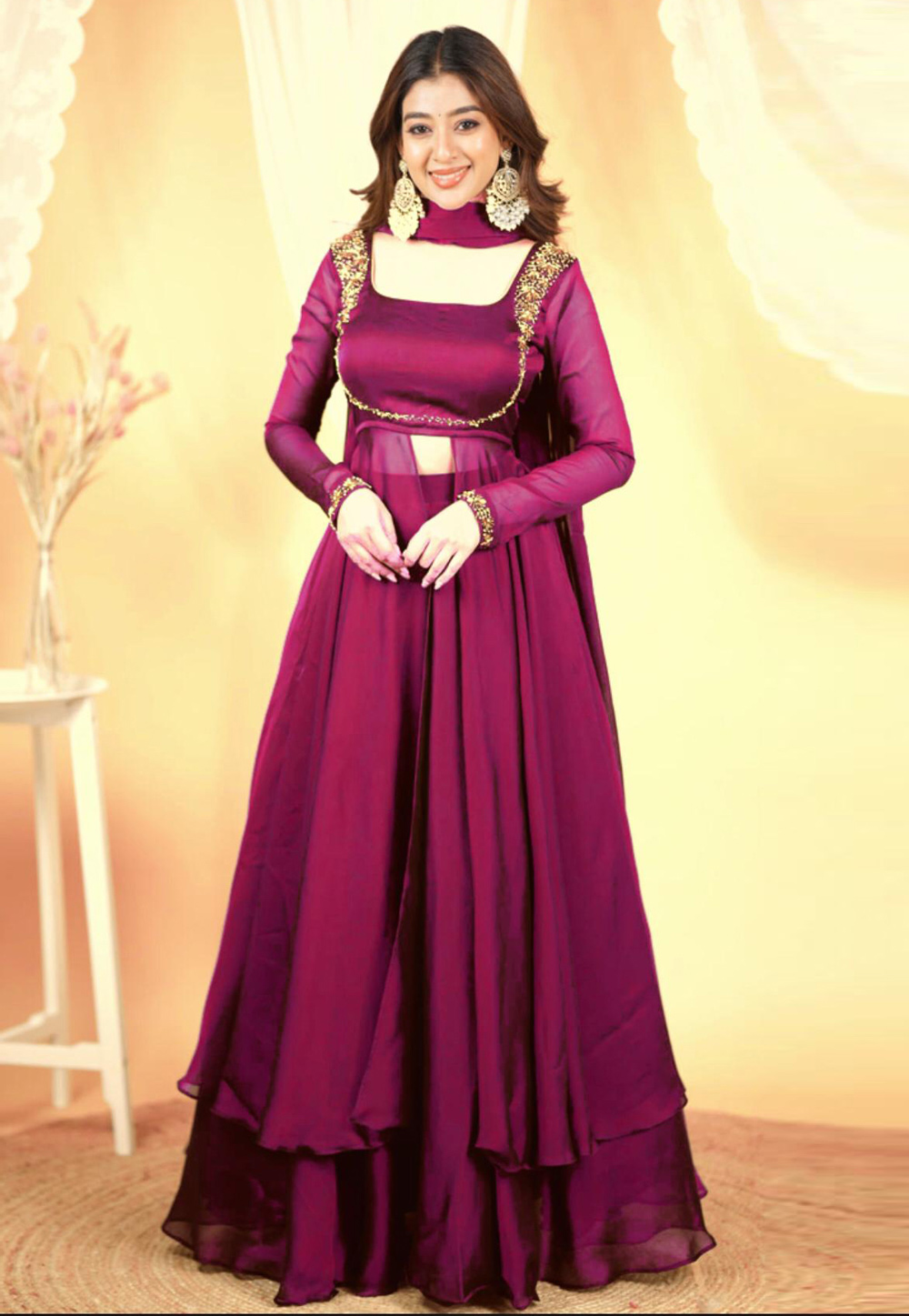Magenta Silk Readymade Indo Western Lehenga Choli 310368