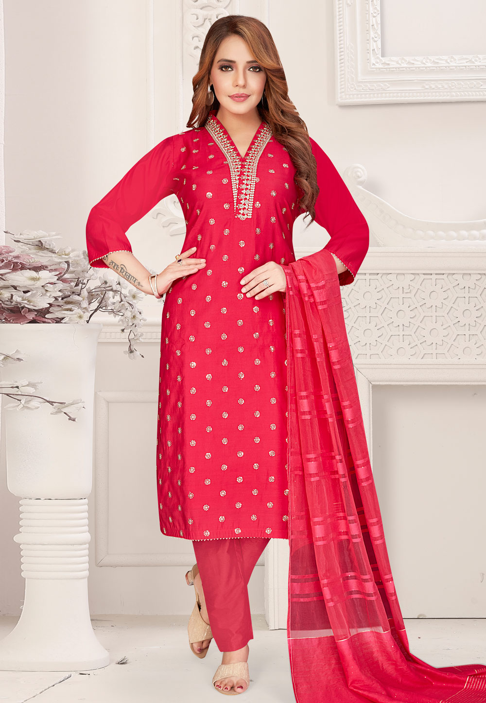 Magenta Silk Readymade Pakistani Suit 305047