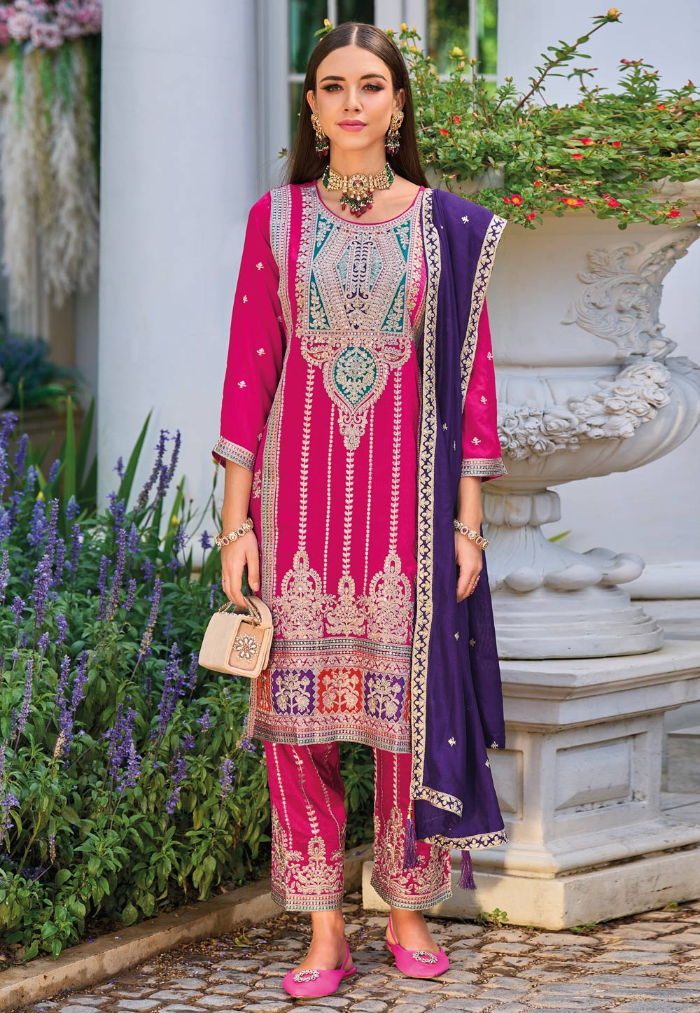Magenta Silk Readymade Pakistani Suit 283511