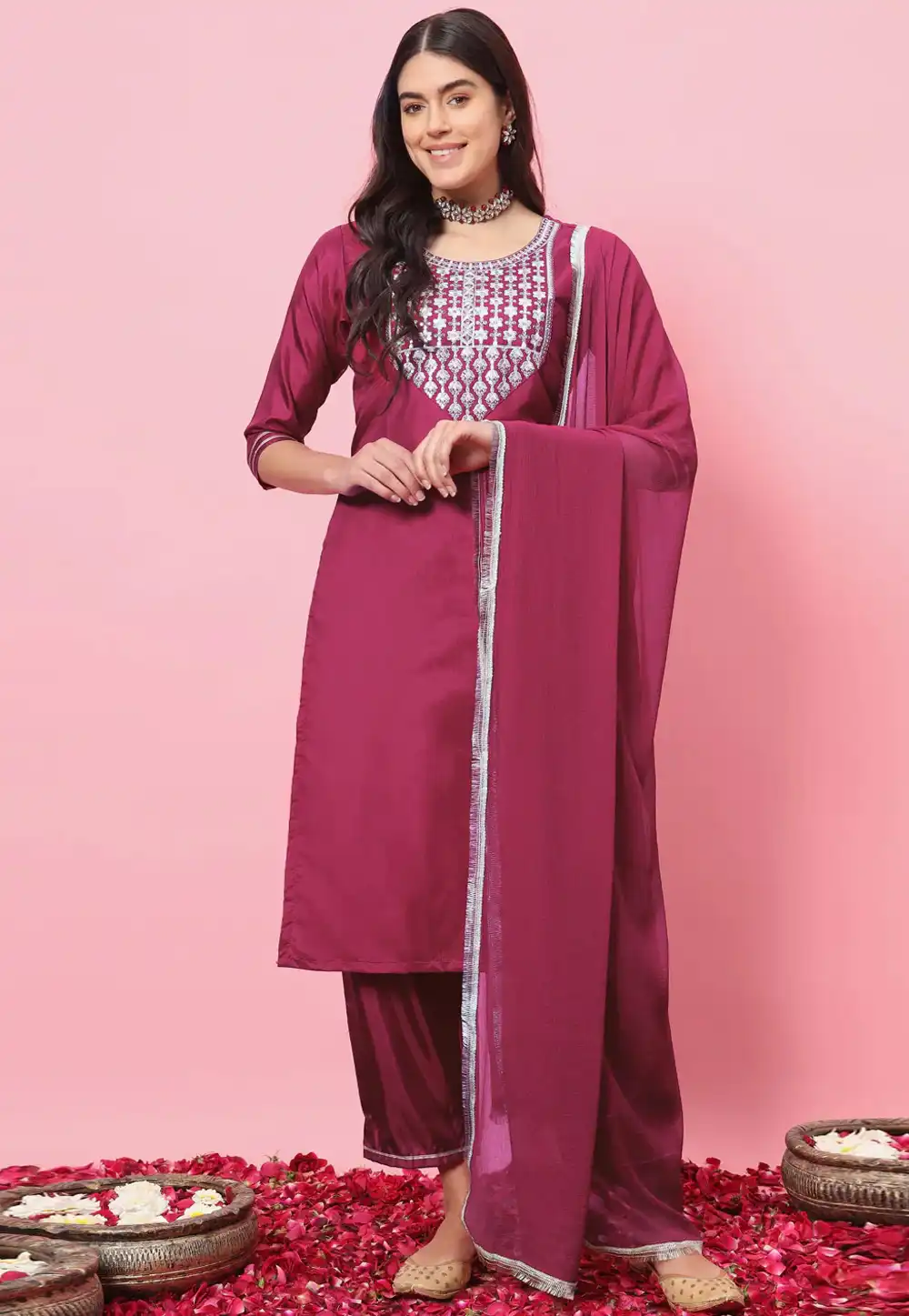 Magenta Silk Readymade Pakistani Suit 289346