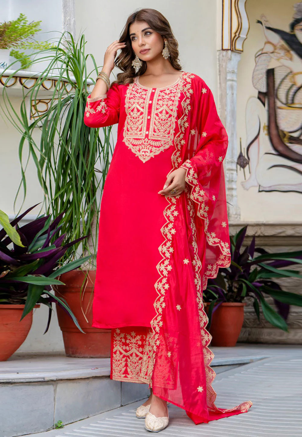 Magenta Silk Readymade Pakistani Suit 305702