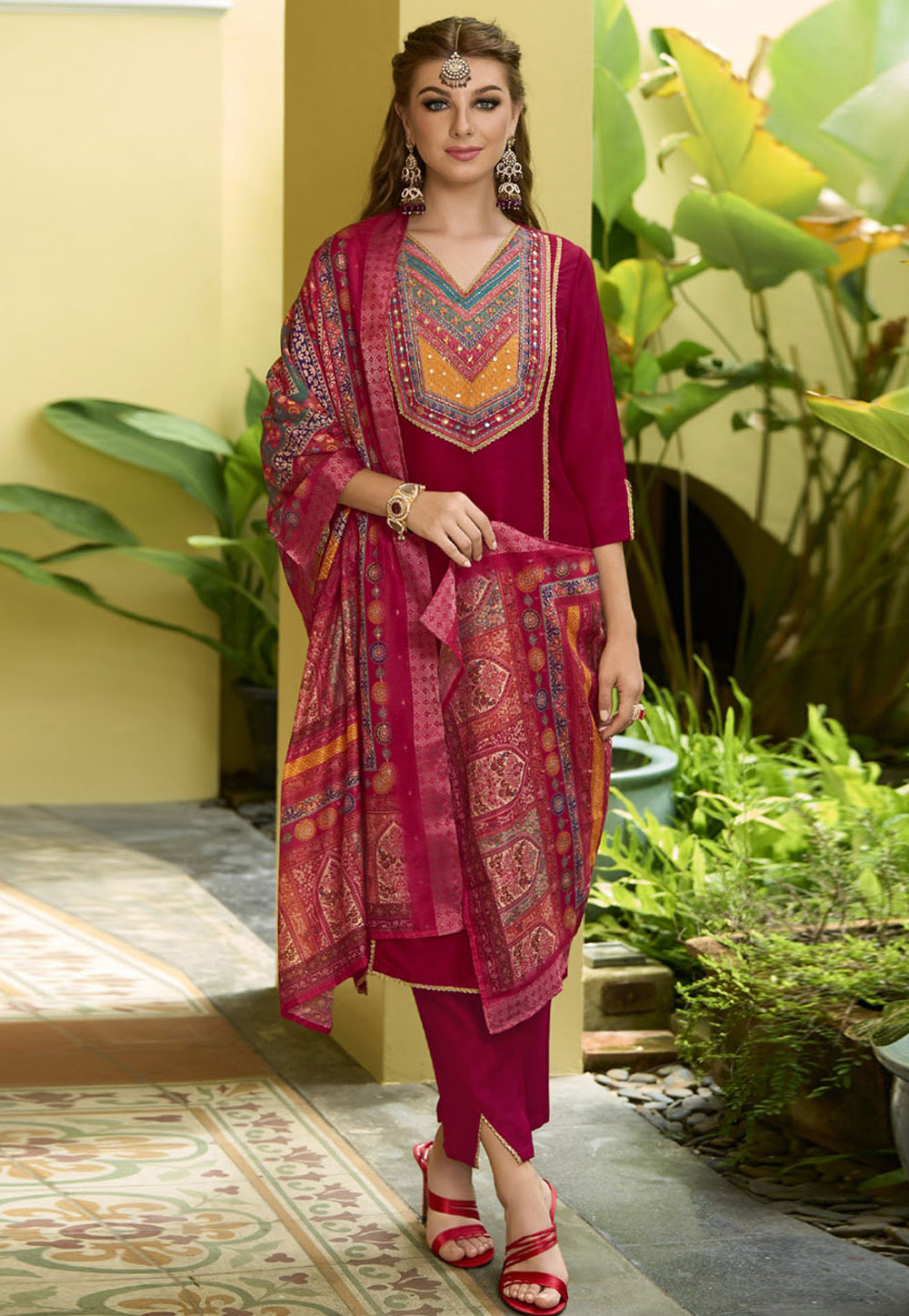 Magenta Silk Readymade Pakistani Suit 309707